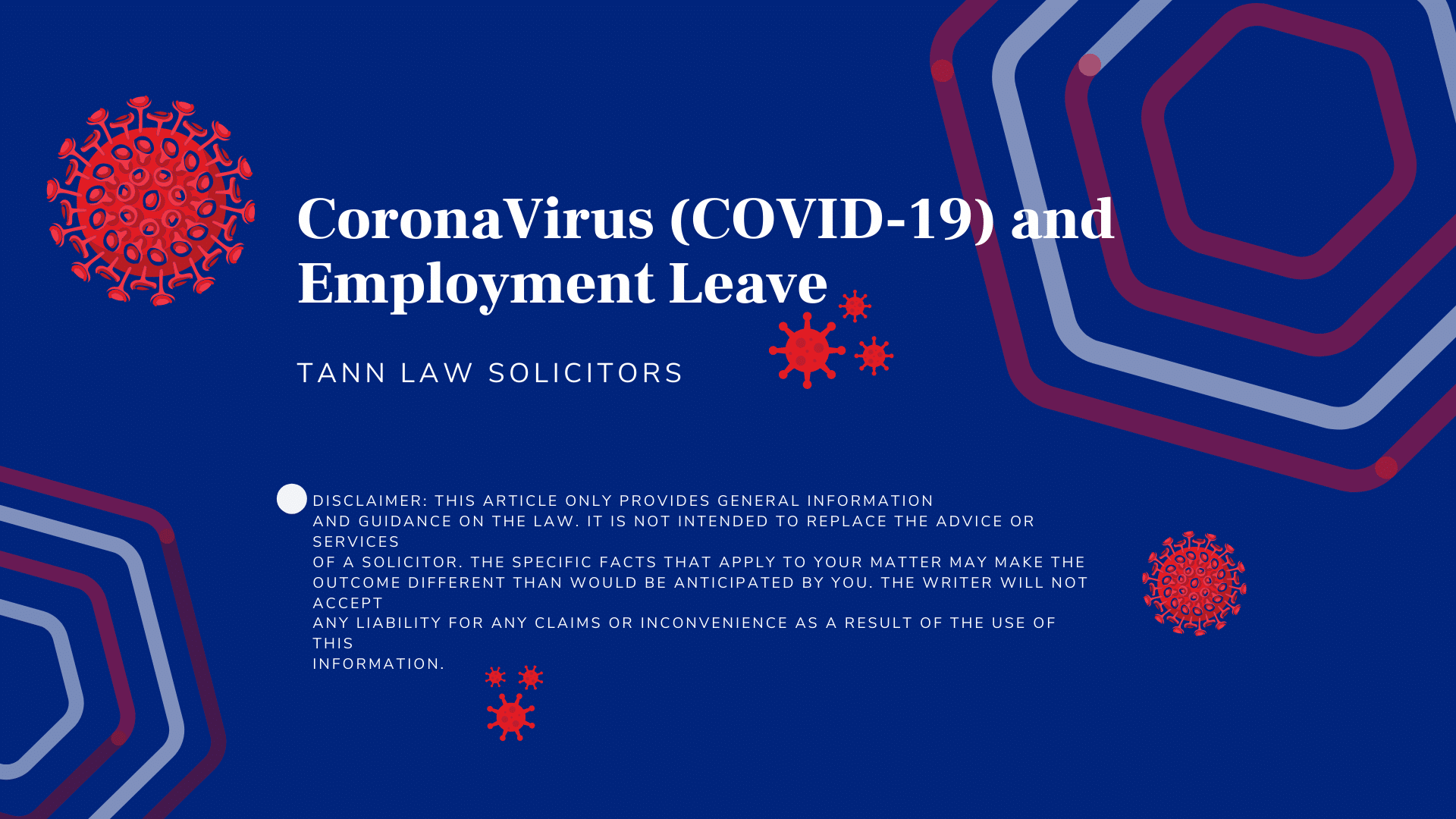 Informational graphic titled "CoronaVirus (COVID-19) and Employment Leave" with Tann Law Solicitors name, featuring virus icons and a disclaimer about general guidance.