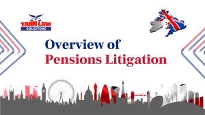 Cover slide titled "Overview of Pensions Litigation" with UK and city skyline graphics. Logo in top left corner.