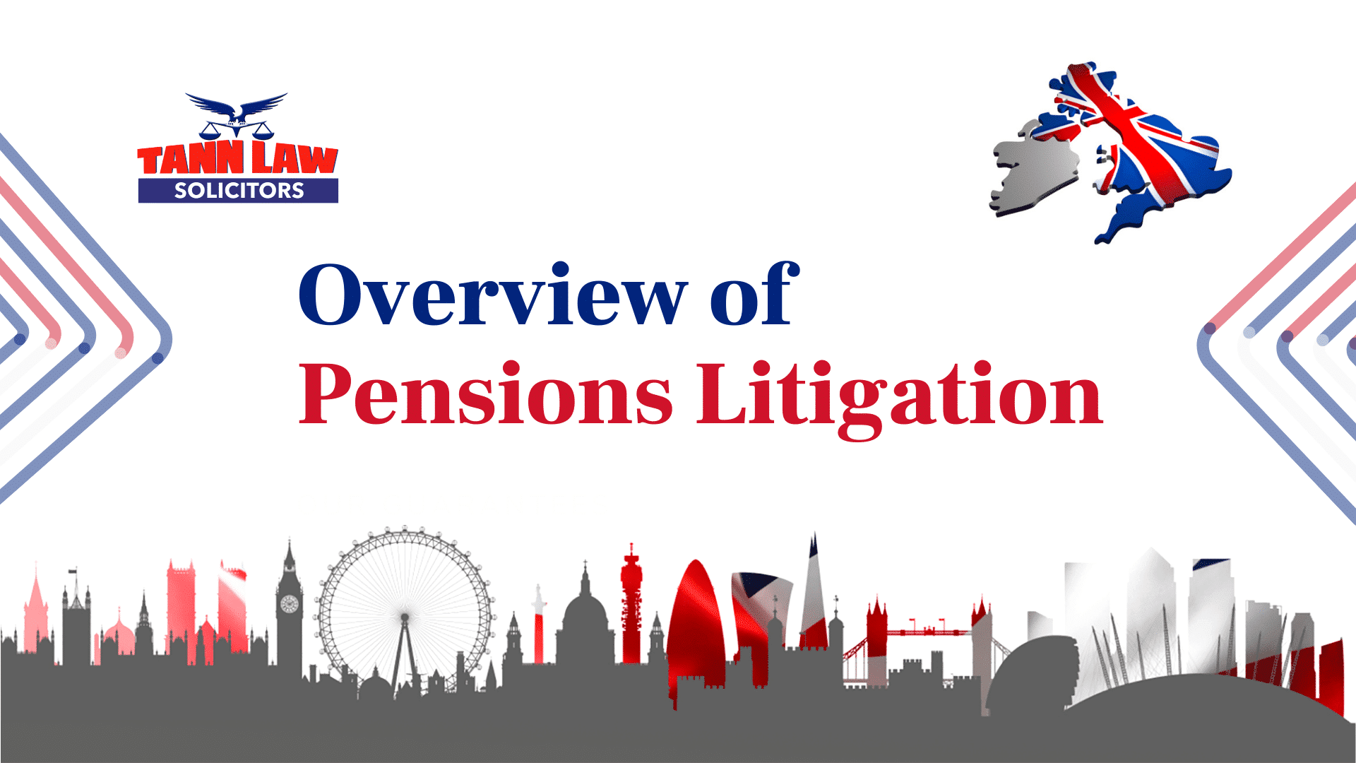 Cover slide titled "Overview of Pensions Litigation" with UK and city skyline graphics. Logo in top left corner.