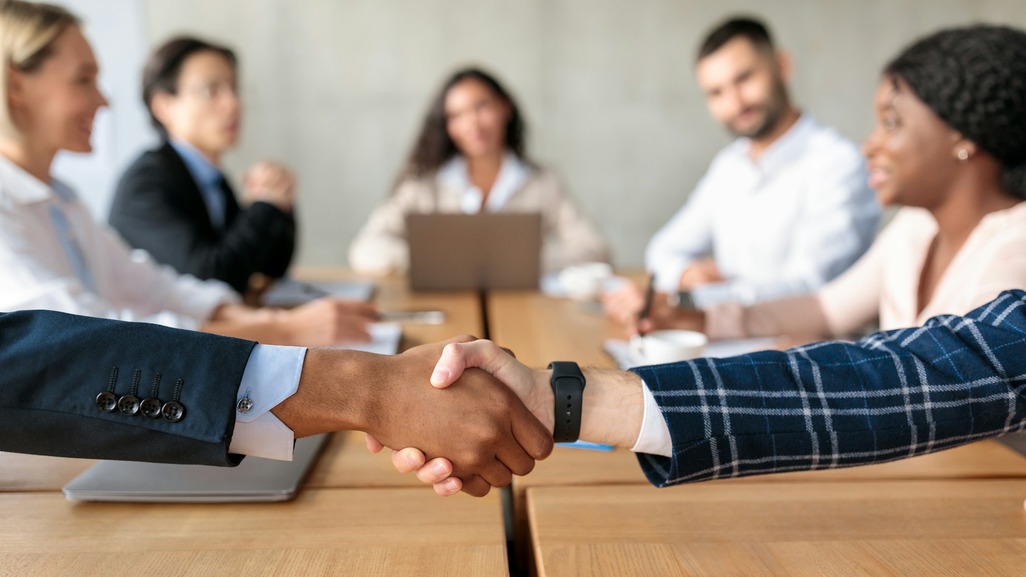 Closeup Of Handshake Greeting At Corporate Meeting, Cropped, Panorama