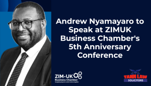 A man in a suit and glasses is pictured next to text announcing Andrew Nyamayaro as a speaker at ZIMUK Business Chamber's 5th Anniversary Conference. Logos of ZIM-UK and Tann Law Solicitors are visible.
