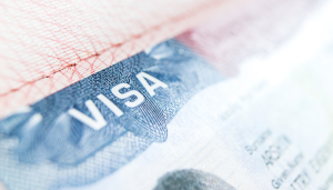 Close-up of a visa document with the word "VISA" clearly visible in bold letters on a textured background.