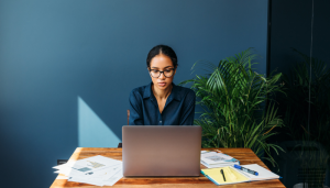 A woman wearing glasses works on a laptop at a wooden desk with documents, notebook, and pen, in a room with blue walls and a large plant.
