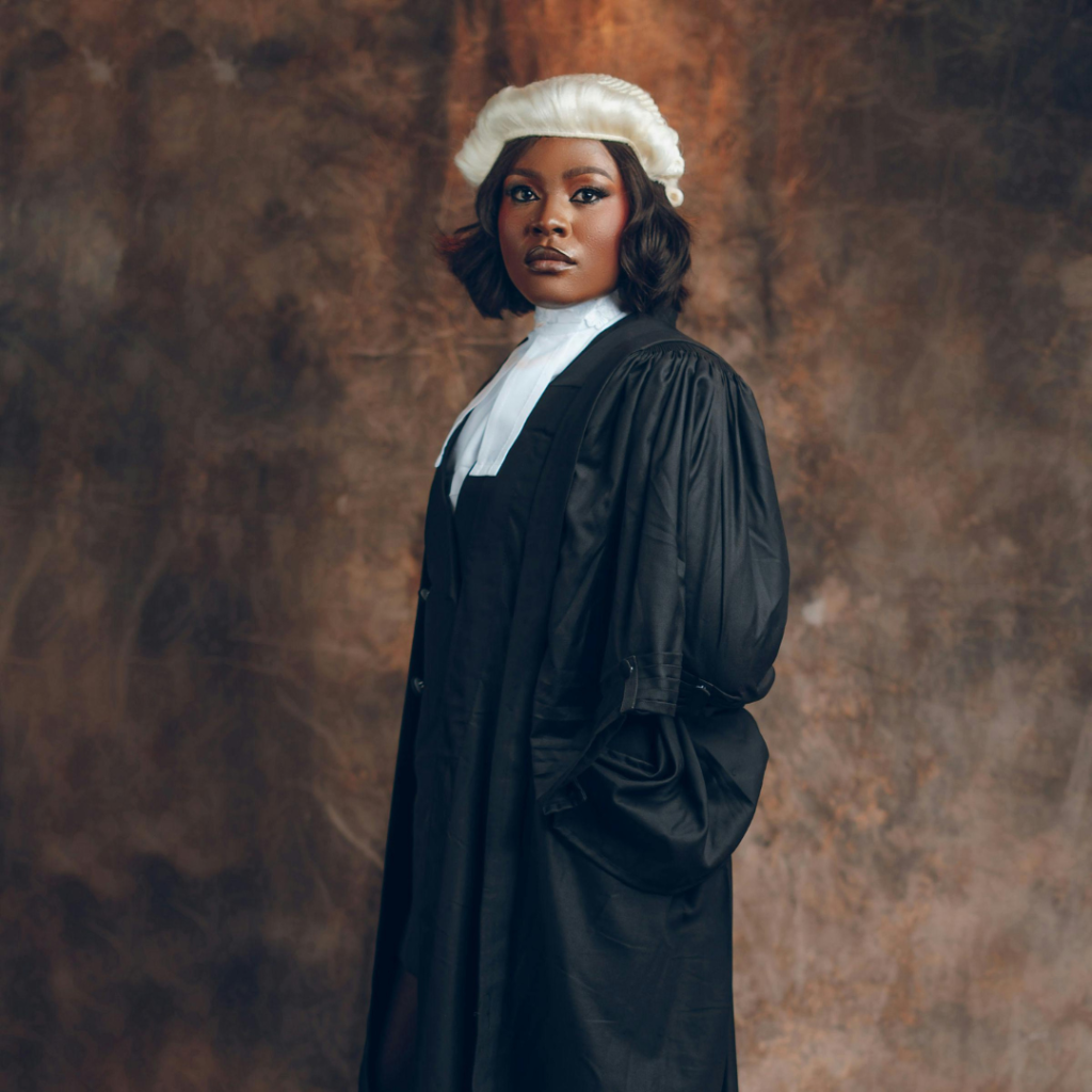 Portrait of a Black female barrister in formal court attire, representing legal excellence and inclusion for Black History Month UK.